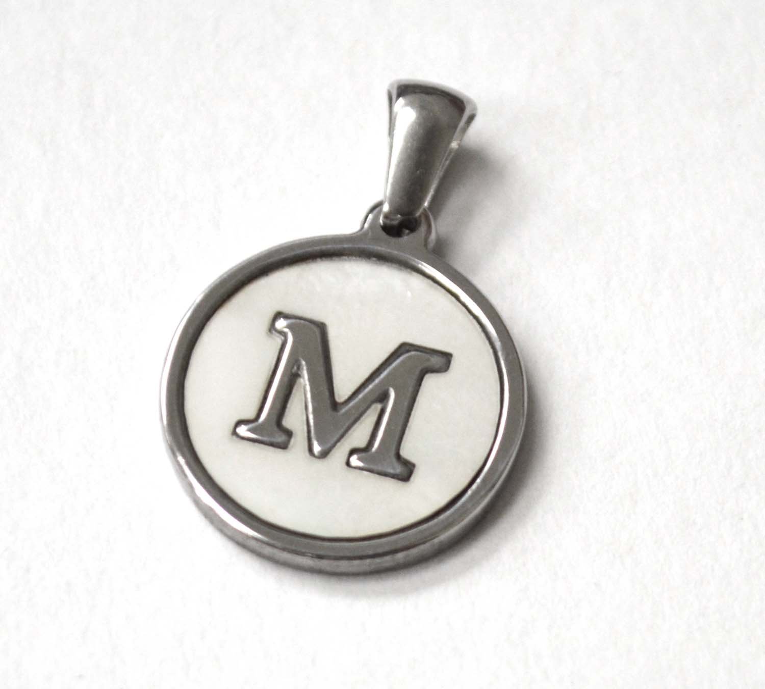 M Initial Stainless Steel in Mother of Pearl Pendant 86-2479S-M