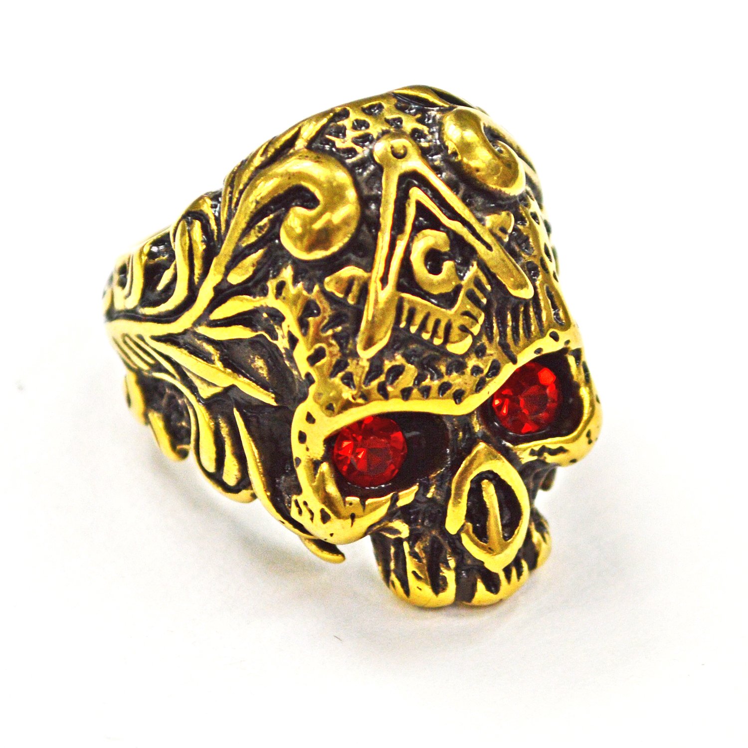 MASONIC SKULL WITH RED EYE GOLD PLATED RING (19x29mm)