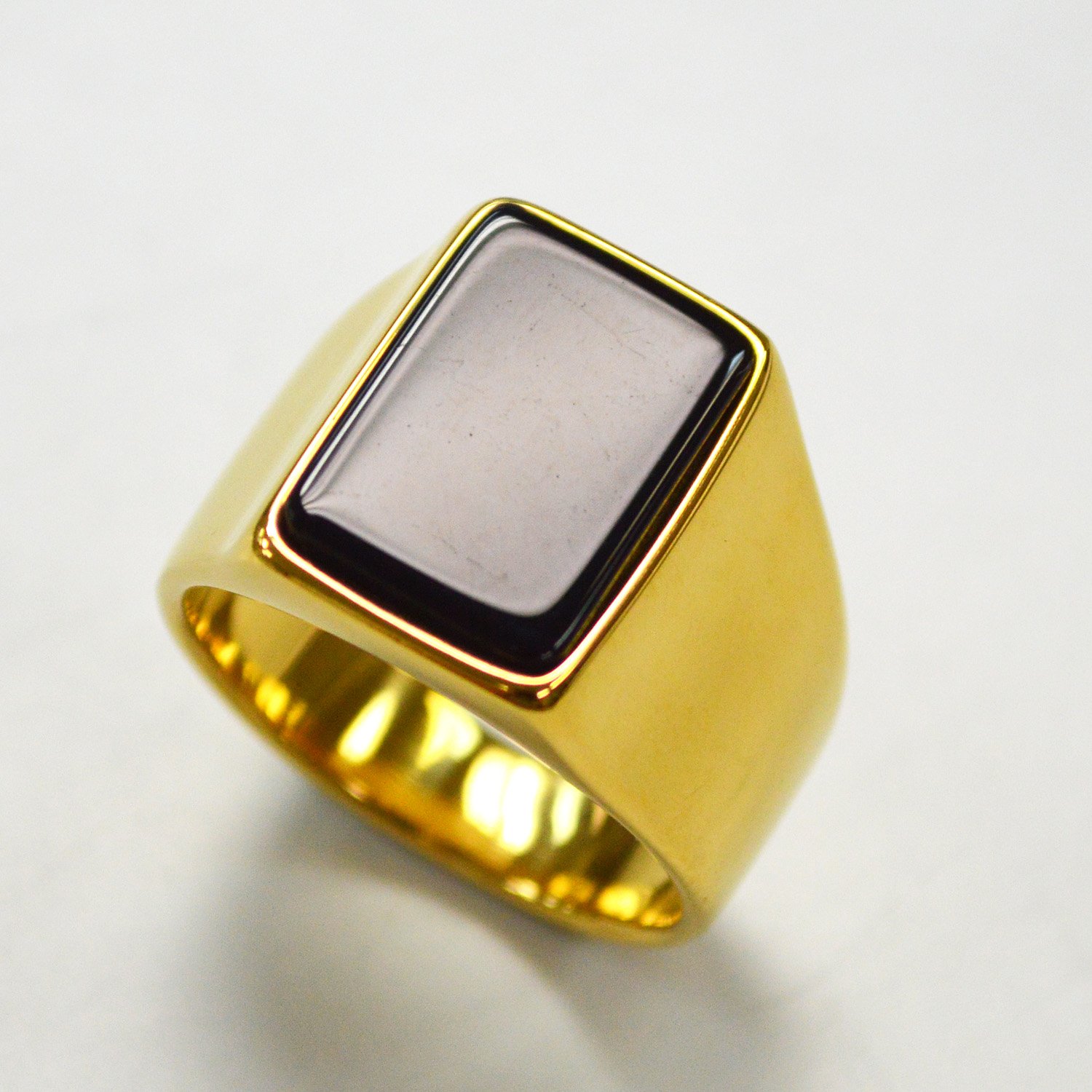Black Stone Shiny Finished Gold IP Plated Ring 81-1180G-SH