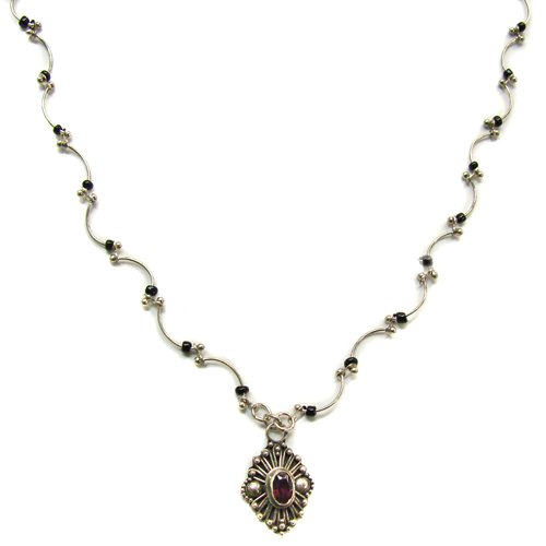 Garnet Stone Pendant with Black Bead Necklace Sterling Silver 55-1013