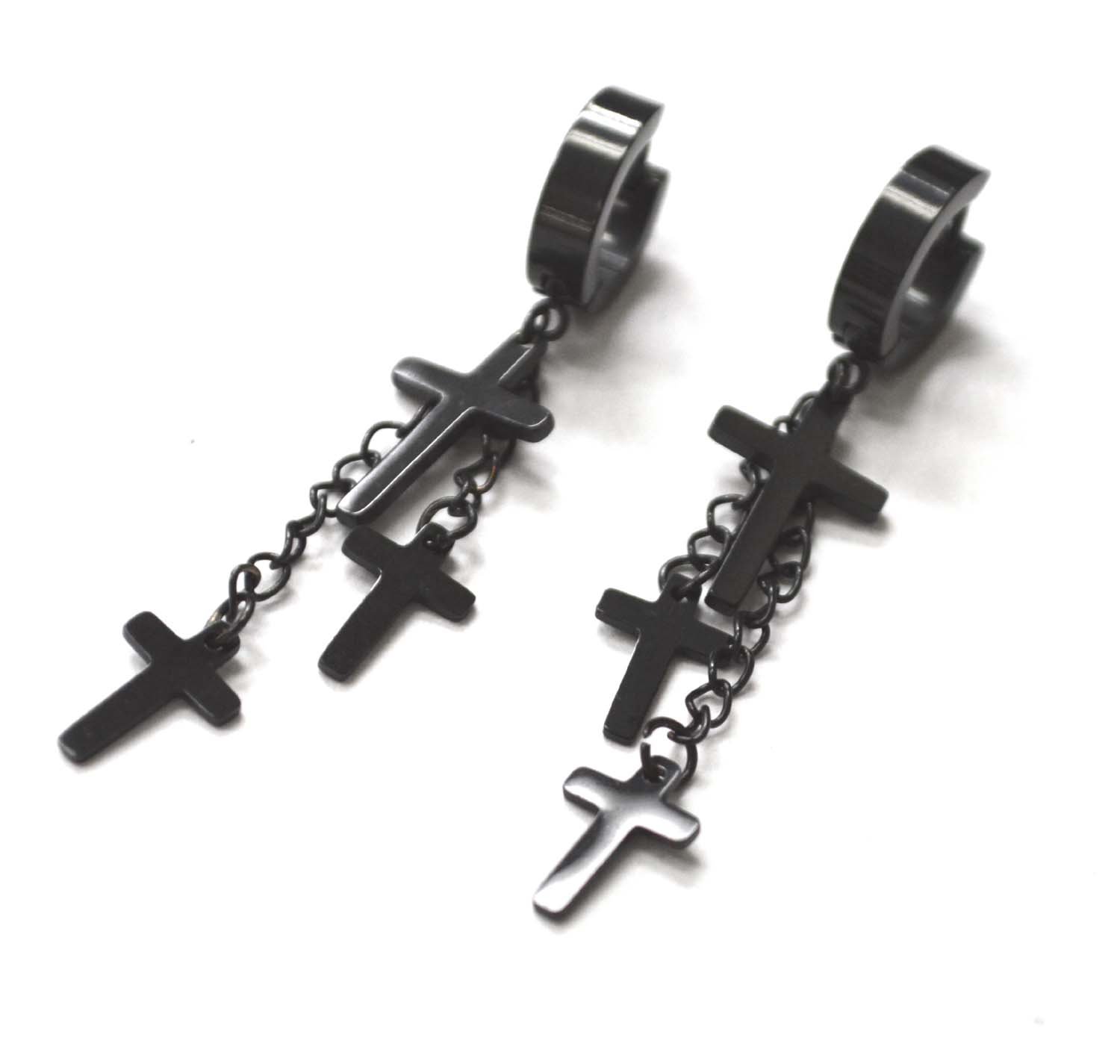 Triple Cross Dangling Black Plated Earrings 83-670B