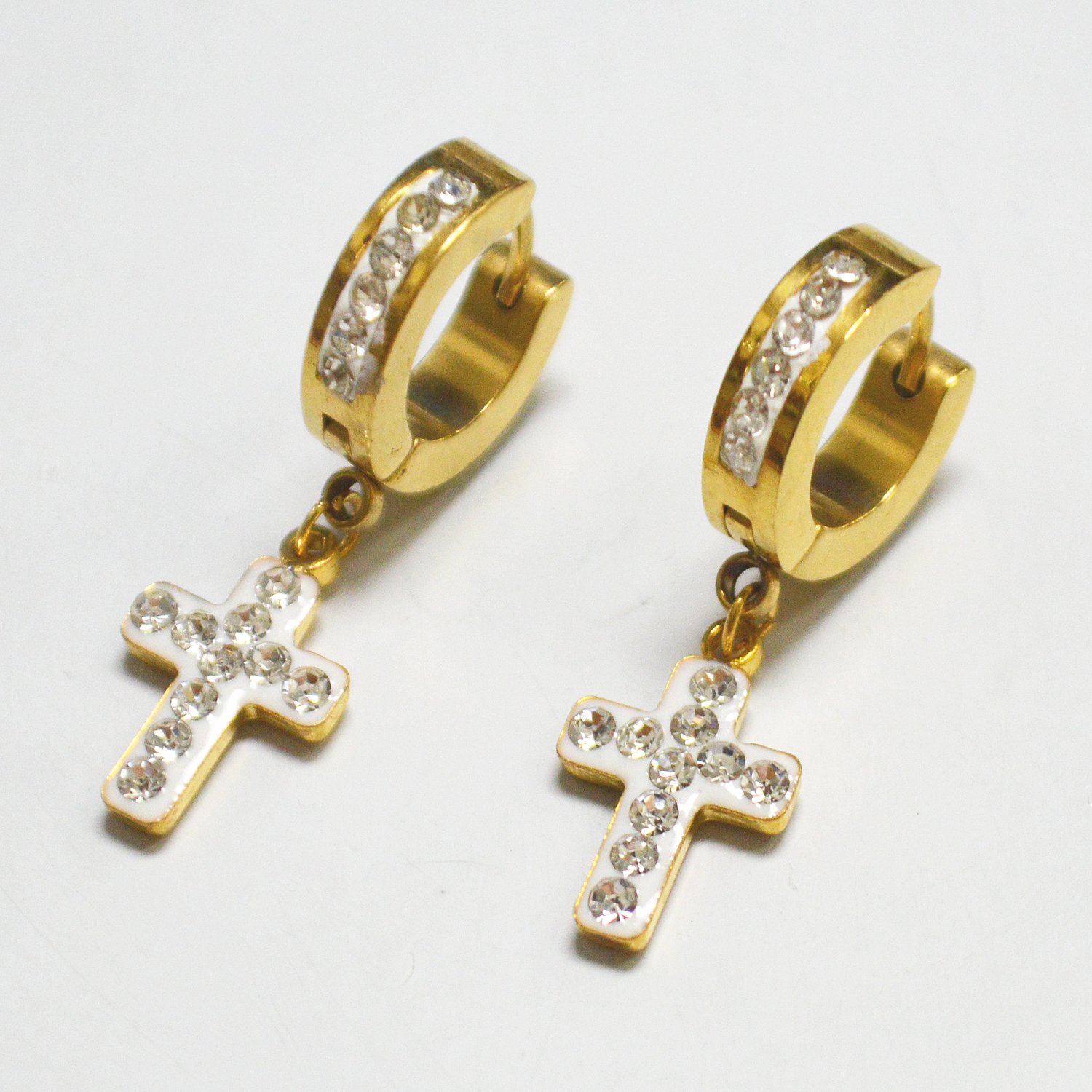 Dangling Cross Gold Plated with Stone Huggies 83-780G