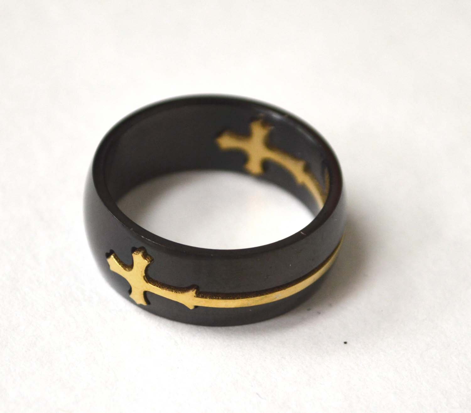 Sideway Cross 2 Tone Gold Black Plated Ring 81-1257G