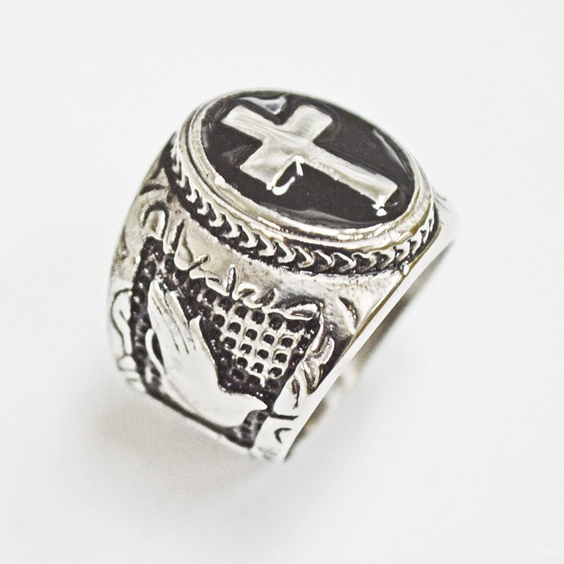 Cross with Praying Hand Stainless Steel Ring 81-1234S