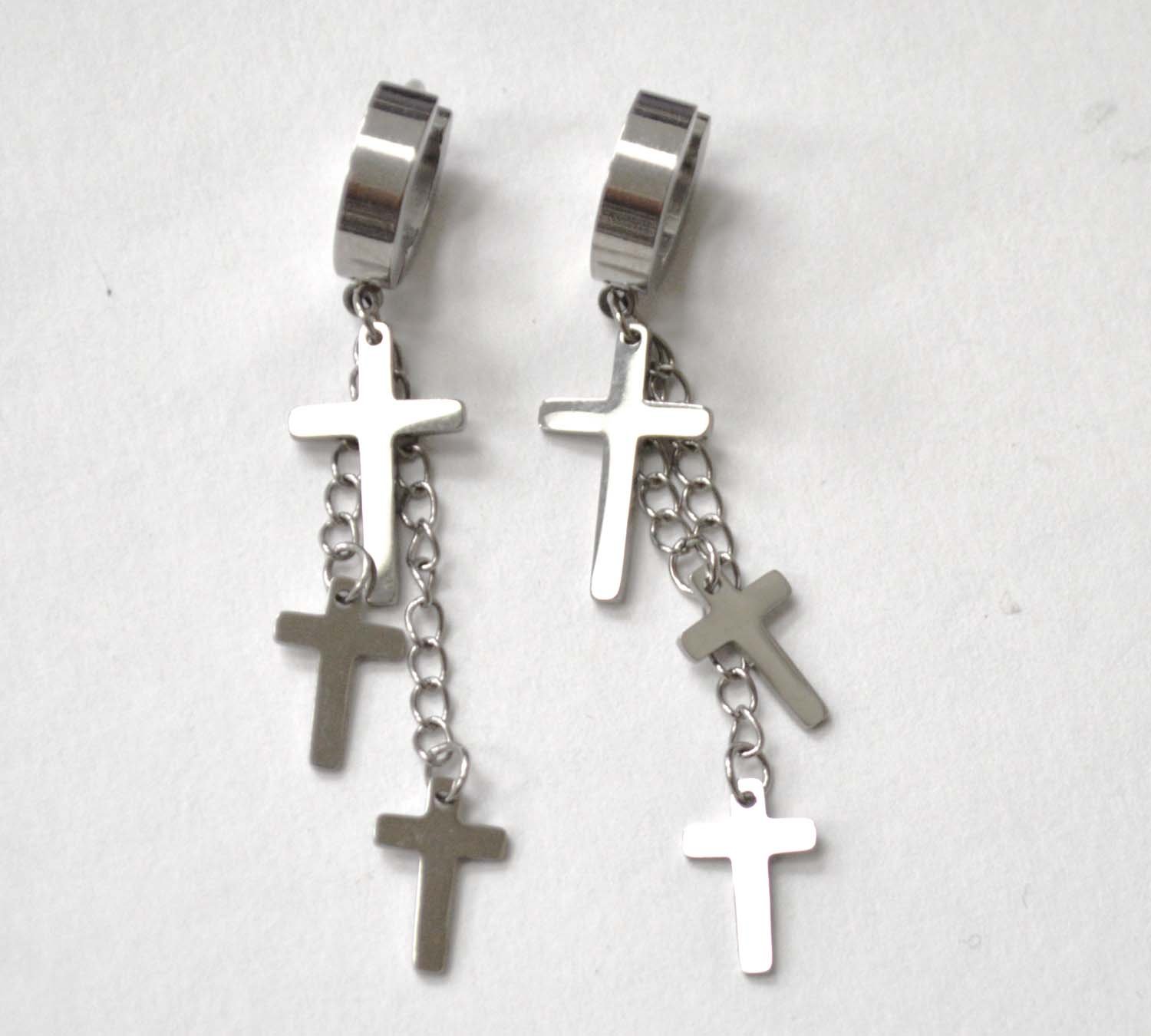 Triple Cross Dangling Stainless Steel Plated Earrings 83-670S