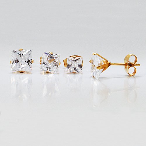 4mm Sq Gold Plated CZ Earrings-10 Pairs